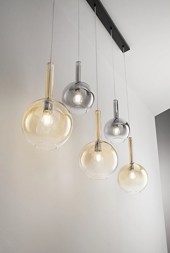 Sospensione in vetro borosilicato fumè specchiato sfumato, attacco E27, design moderno, cavo regolabile, diametro 20 cm, IP20 - Perenz
