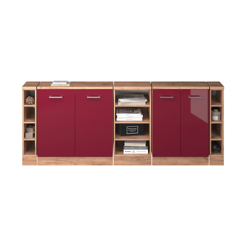 Set di mobili sottotetto Rion Rosso lucido/Rovere dorato 210 cm Set di 5 carcasse armadio profondità 60 cm Vicco