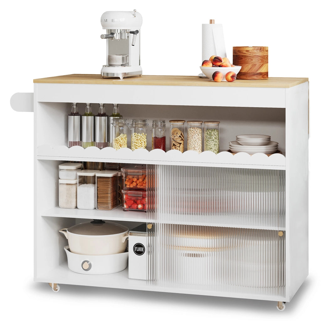 Isola Cucina Mobile 122x46/69x91 cm Bianca e Rovere con Piano Ribaltabile, Vetro e 5 Ruote