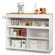 Isola Cucina Mobile 122x46/69x91 cm Bianca e Rovere con Piano Ribaltabile, Vetro e 5 Ruote
