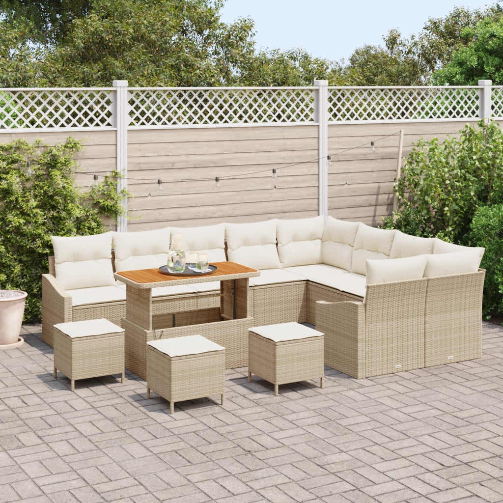 Set Divano da Giardino 13 Pezzi con Cuscini Beige Polyrattan Acacia