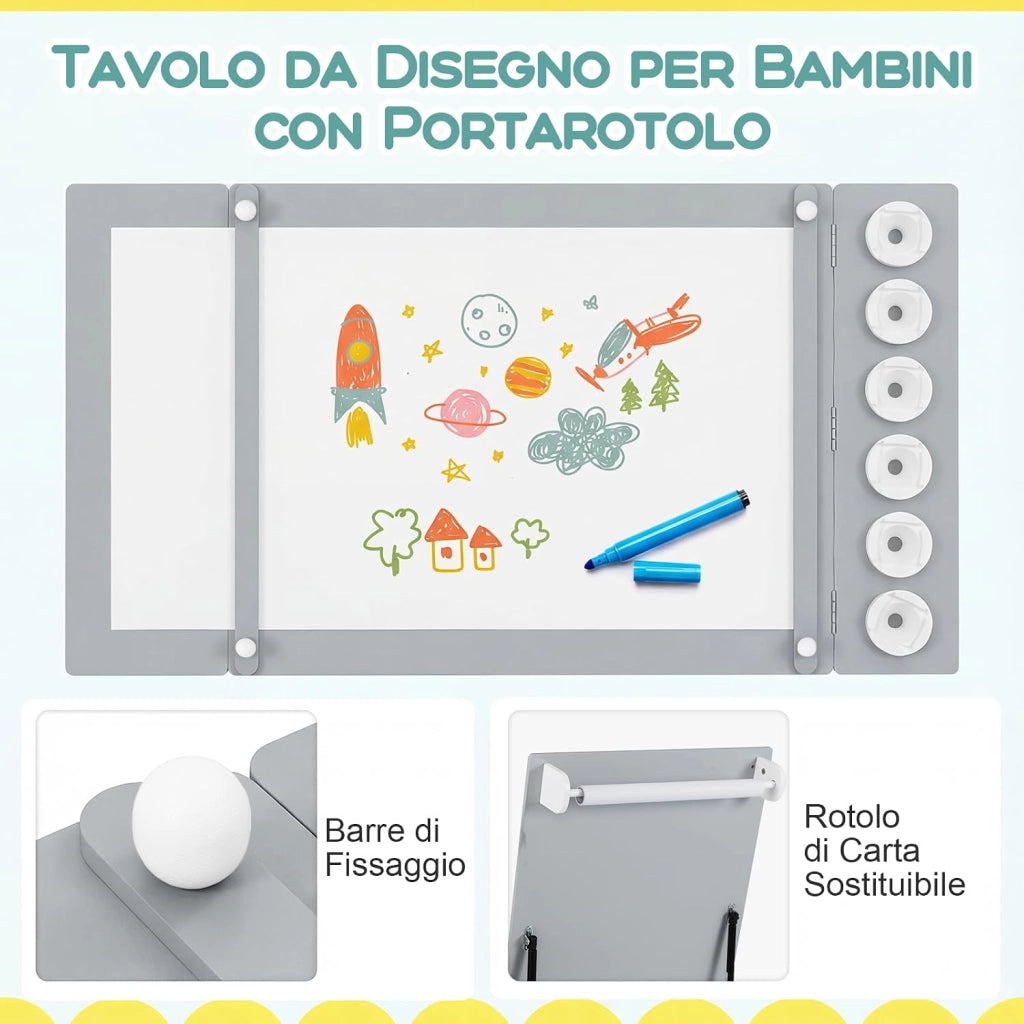 Set Tavolo da Disegno e Cavalletto per Bambini 3+ Anni con 2 Sedie, Tavolo Multifunzione in Legno con Piano Sollevabile, Rotolo di Carta, 6 Bicchieri di Vernice (Grigio)