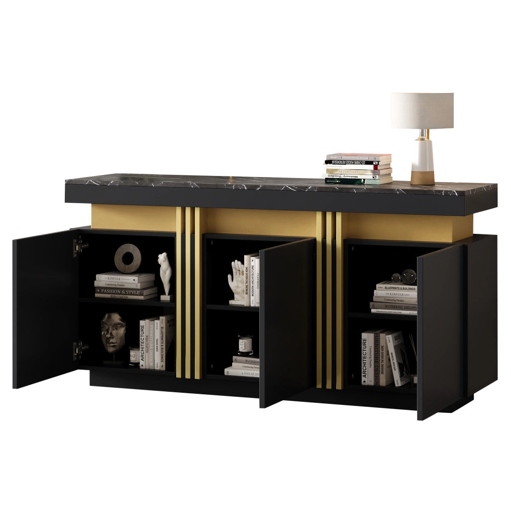 Credenza 140x38x70 cm nera e oro in pannello truciolare, 3 ante