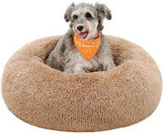 Letto per cani, Letto per gatti, Cuscino a donut, Lavabile, Ripristino di riempimento rimovibile, Piuma lunga, Diametro 70 cm, Camel, PGW039K01