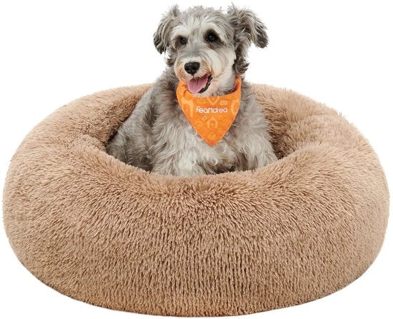 Letto per cani, Letto per gatti, Cuscino a donut, Lavabile, Ripristino di riempimento rimovibile, Piuma lunga, Diametro 70 cm, Camel, PGW039K01
