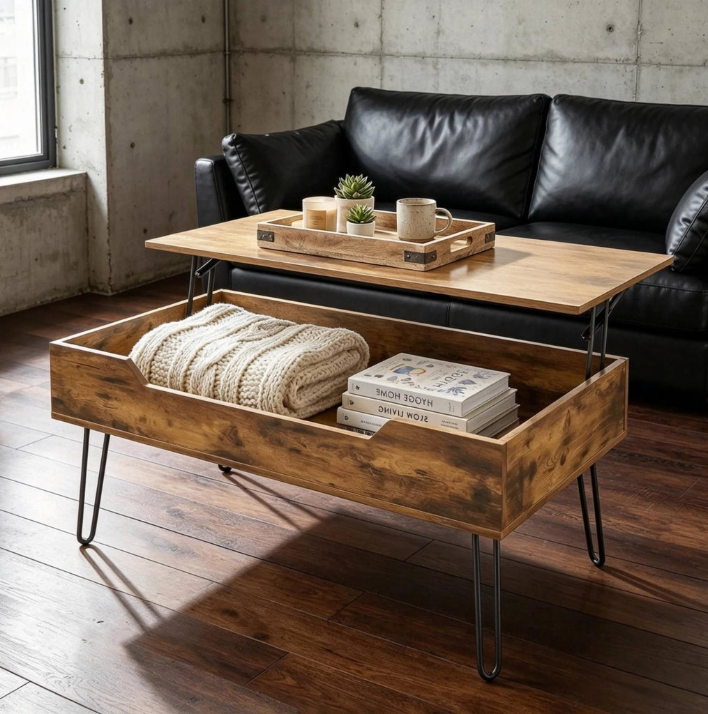 Tavolino da caffè rettangolare con piano sollevabile e vano nascosto; MDF color noce