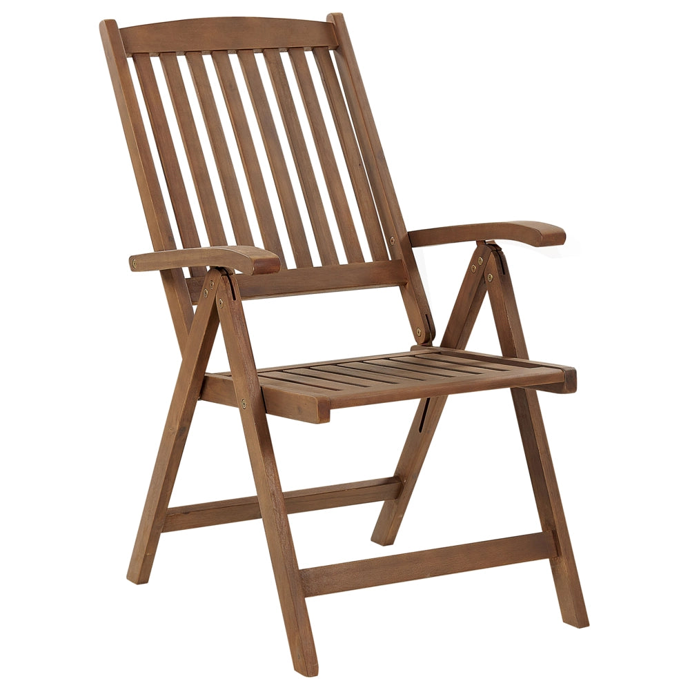 Set di 2 sedie da giardino rustiche in legno d'acacia naturale e cuscini blu pieghevoli per esterni con braccioli in stile rustico