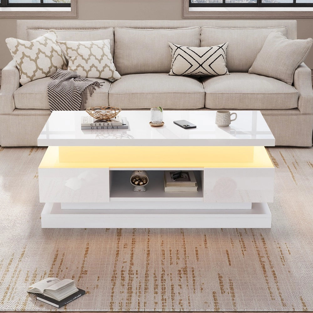 Tavolino da caff¨¨ con cassetti e LED ¨C Minimal ¨C Bianco lucido MDF 100x50x40