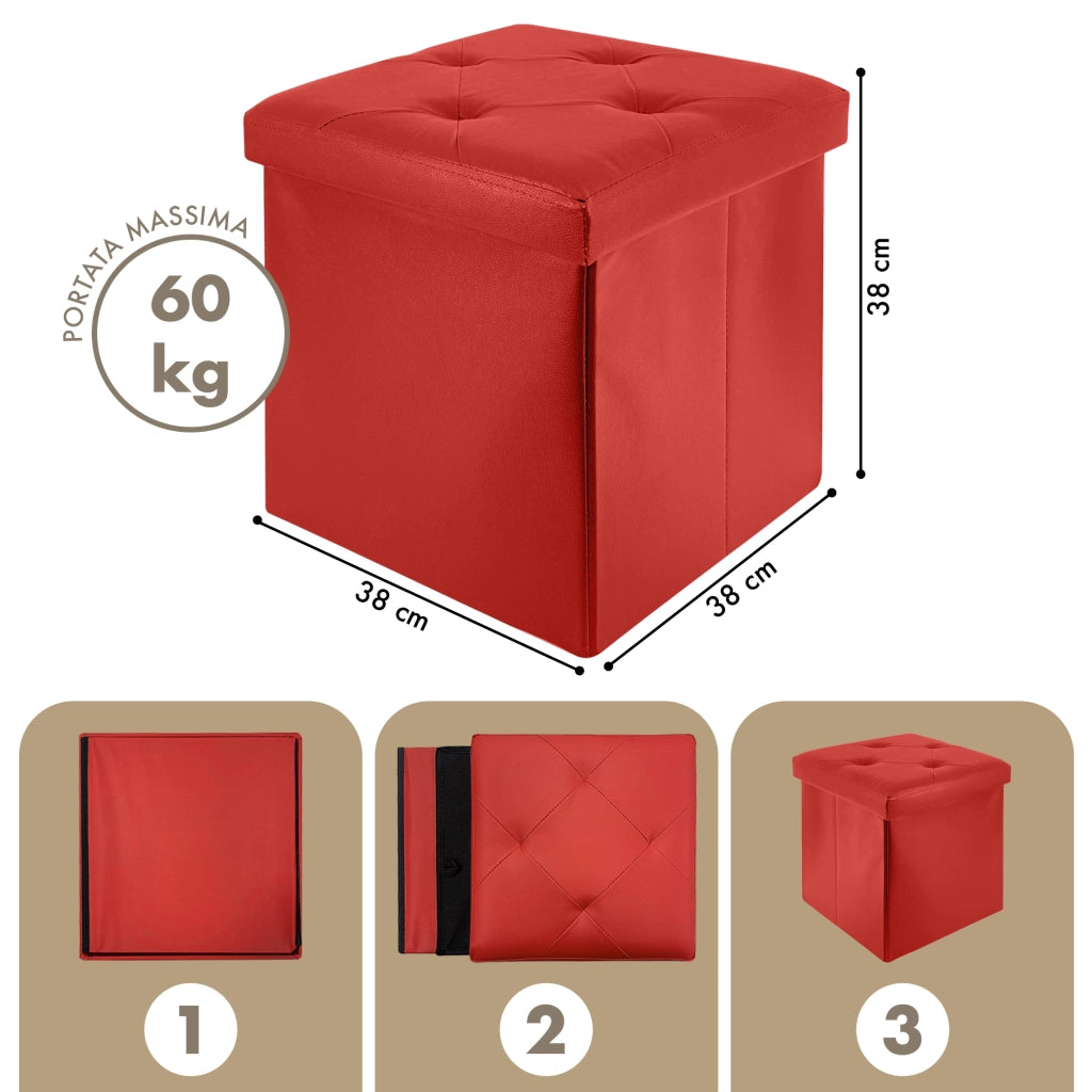 Pouf Poggiapiedi In Ecopelle 2 In 1 Contenitore 38x38Cm Quadrato Salotto Sgabello Camera Soggiorno Portaoggetti Design Moderno Complemento D'arredo Portaoggetti Panca Ingresso  Bordeaux