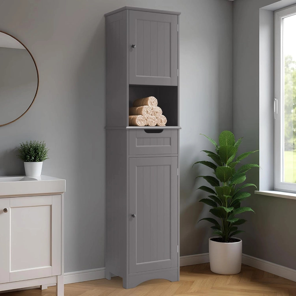 Armadio da bagno alto,Colonna Bagno Stretta con ripiani regolabili, cassetto, scomparto aperto, ante magnetiche e antiribaltamento, 170 x 40 x 30CM Grigio