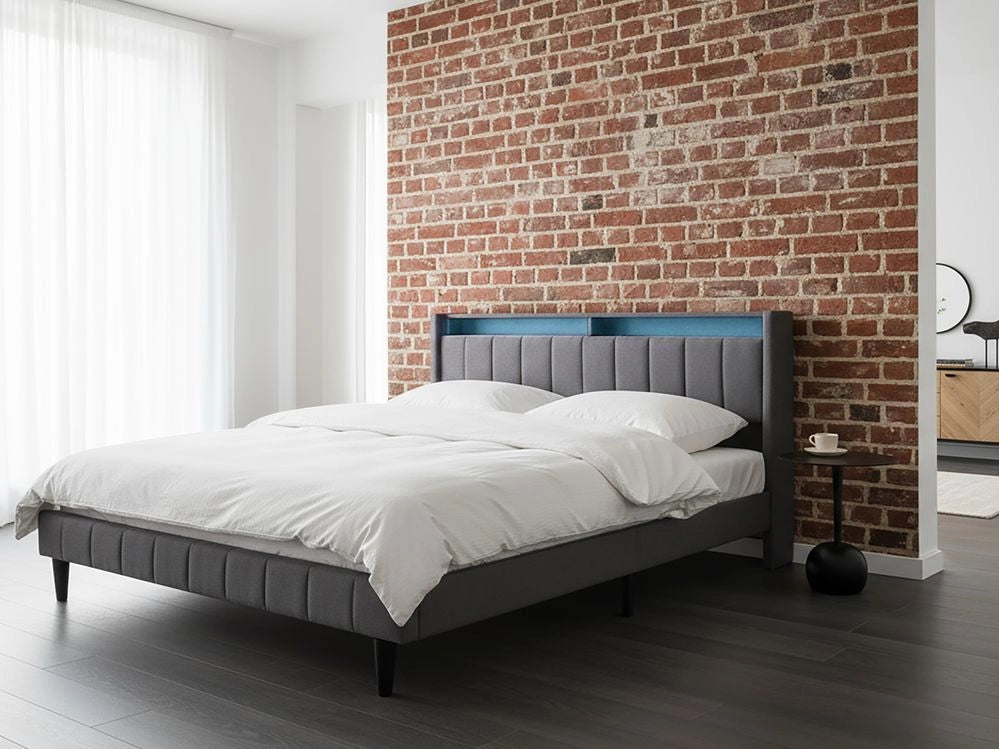 Letto matrimoniale LED Grigio Scuro Tessuto EU Super King Size 180 x 200 cm Testiera imbottita con porta USB Desing moderno