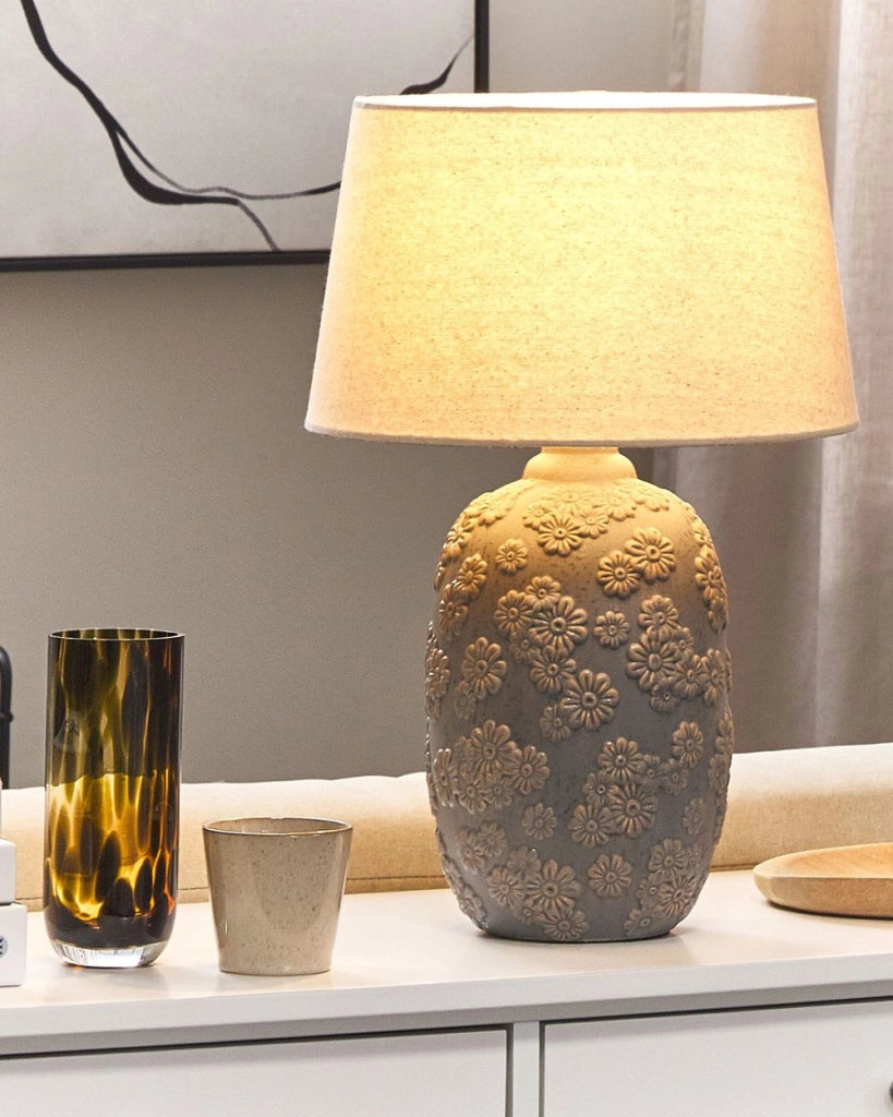 Lampada da Tavolo in Ceramica Grigio e Beige 46 cm Motivo Floreale Paralume Impero Comodino Soggiorno Camera da Letto Illuminazione