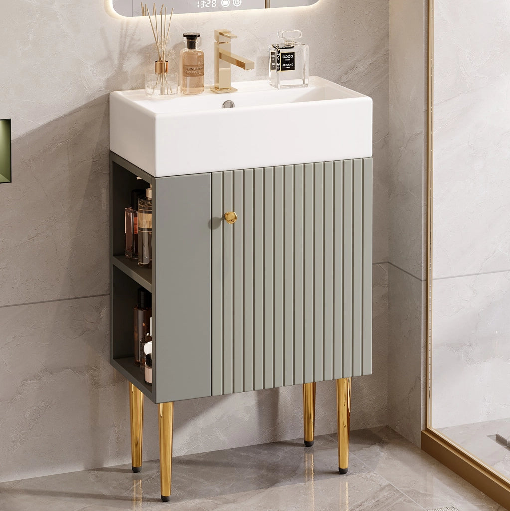 Mobile bagno con lavabo e armadietto 68;5 cm; design a pavimento; grigio e bianco