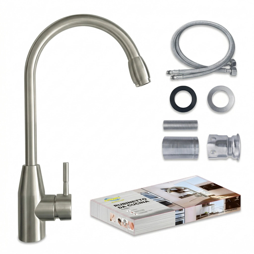 RUBINETTO MISCELATORE CUCINA MONOCOMANDO CROMATO COLLO ALTO GIREVOLE ACQUA 8066