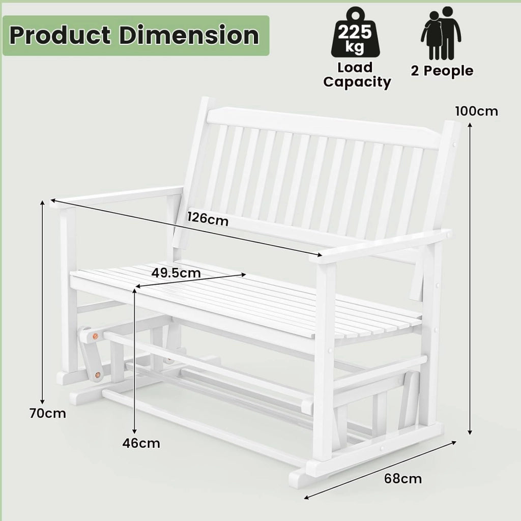 Sedia a Dondolo 2 Posti da Balcone, Panchina a Dondolo da Giradino in Legno Massello, Sedia Dondolo Ergonomica Esterno Portato 225kg con Schienale Curvo e Braccioli, 126x68x100cm, Bianco