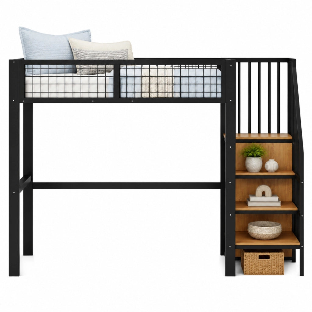 Letto a soppalco 90x200 cm con scala; armadio e ripiani in metallo e MDF; nero