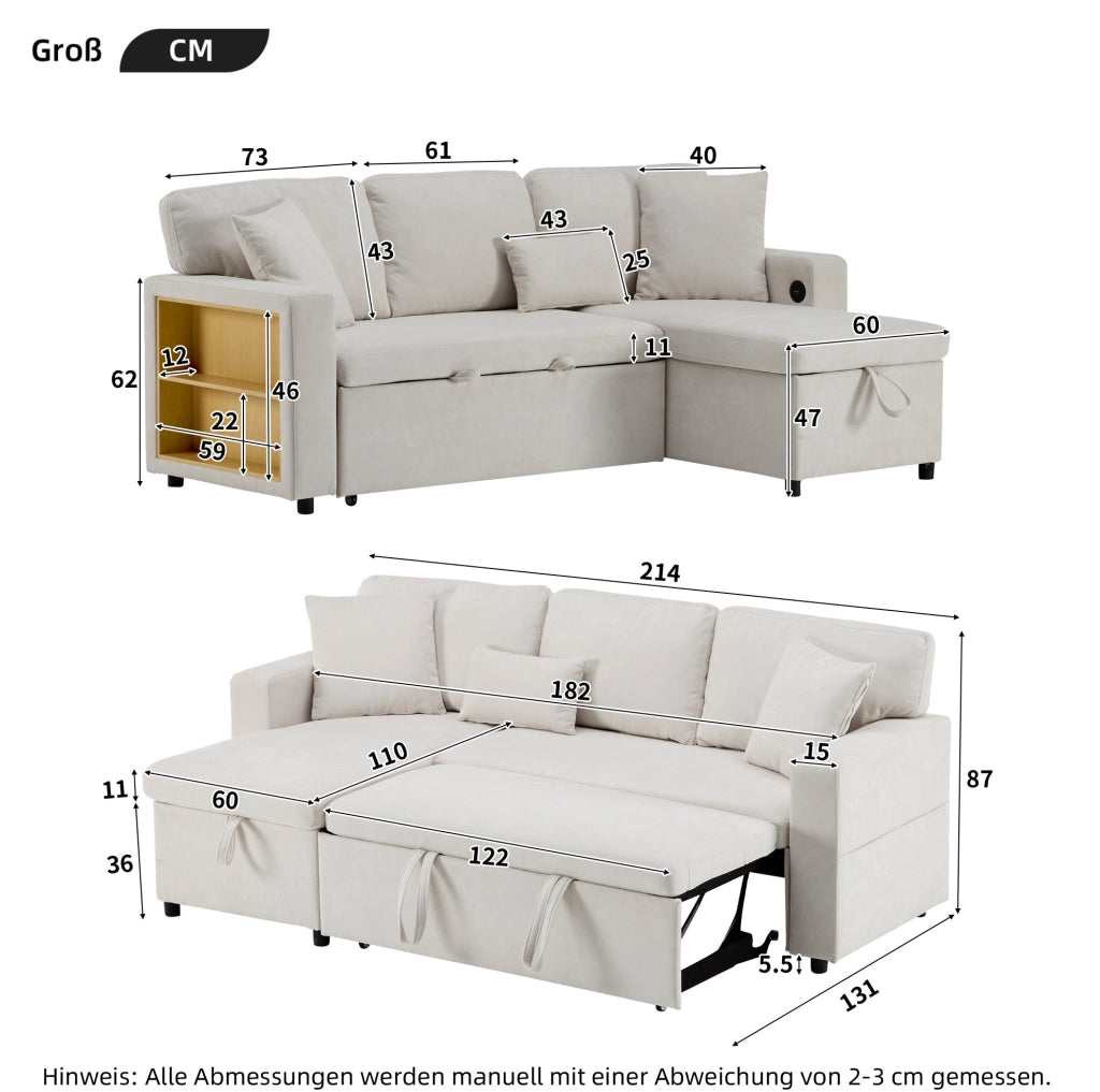 Divano letto angolare 3 posti con chaise longue reversibile; USB e contenitore; beige