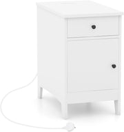 Tavolino ausiliario con cassetto e porta, 60 x 35 x 60 cm, comodino con spazio di archiviazione, tavolo laterale con prese e porte, comodino per camera da letto, soggiorno (bianco)