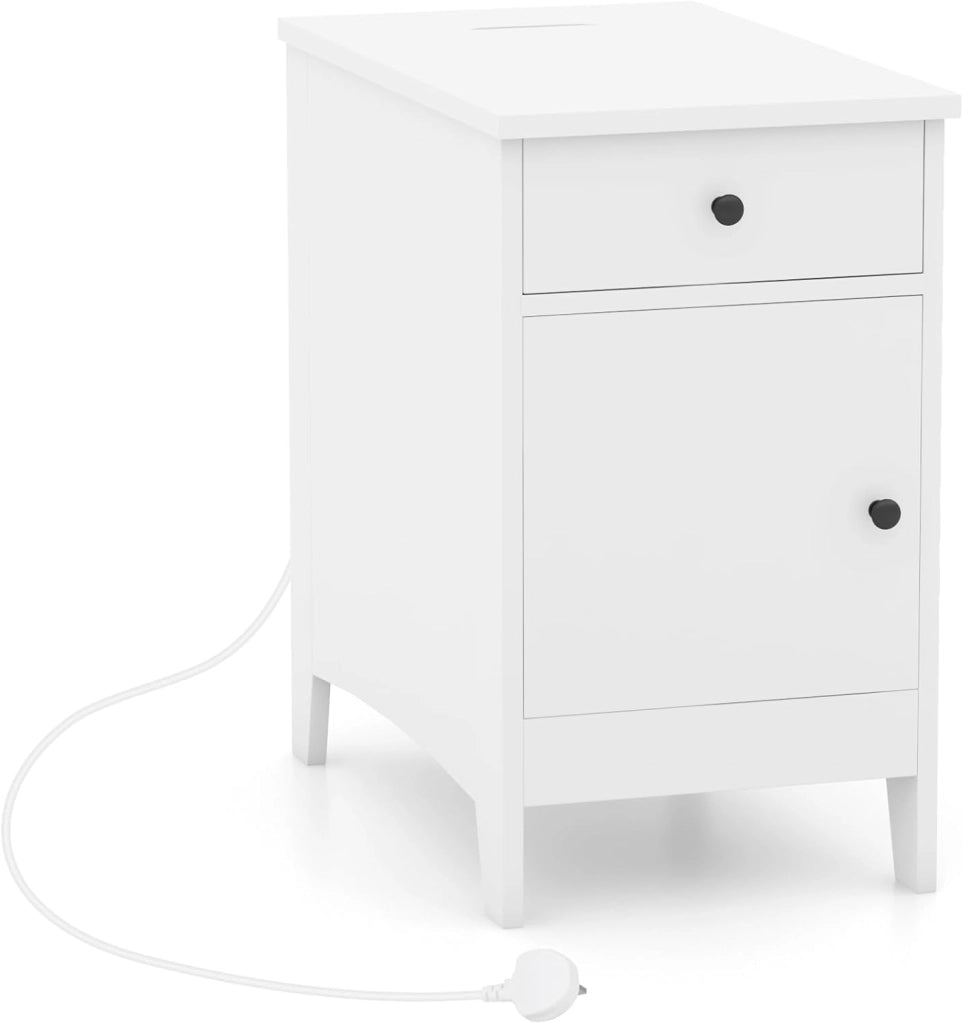 Tavolino ausiliario con cassetto e porta, 60 x 35 x 60 cm, comodino con spazio di archiviazione, tavolo laterale con prese e porte, comodino per camera da letto, soggiorno (bianco)