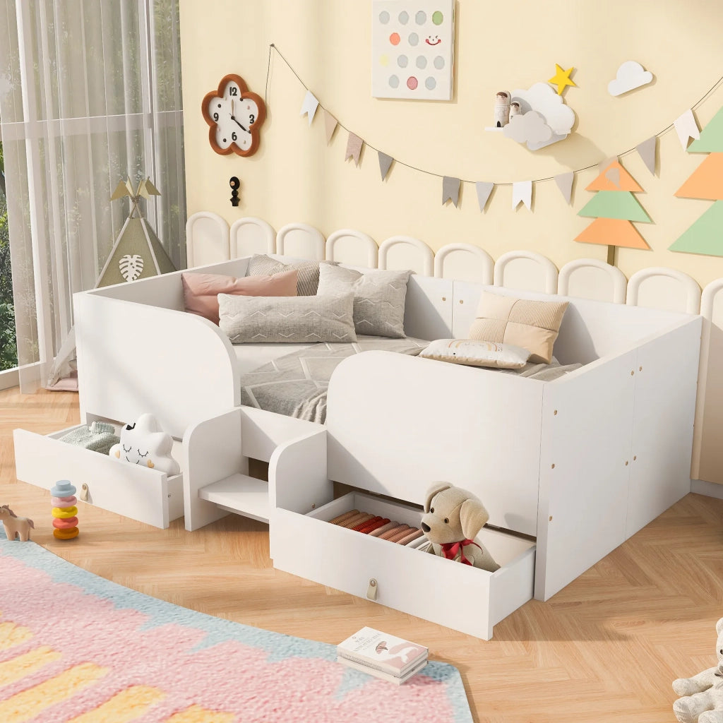 Letto singolo in legno bianco 90x200 cm con 2 grandi cassetti e piccola scala di sicurezza