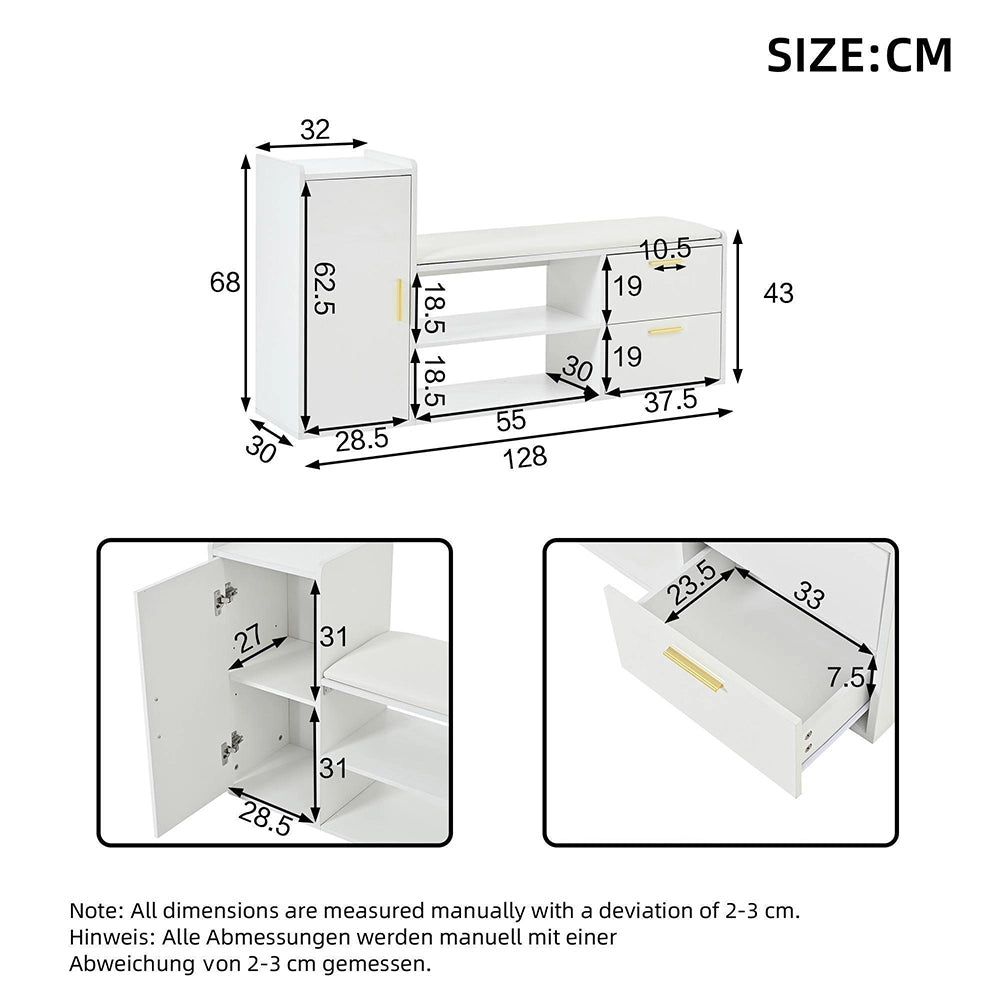 Panchina porta scarpe 128x30x68 cm - Xylo - 2 cassetti, seduta imbottita, per ingresso e ufficio, bianco