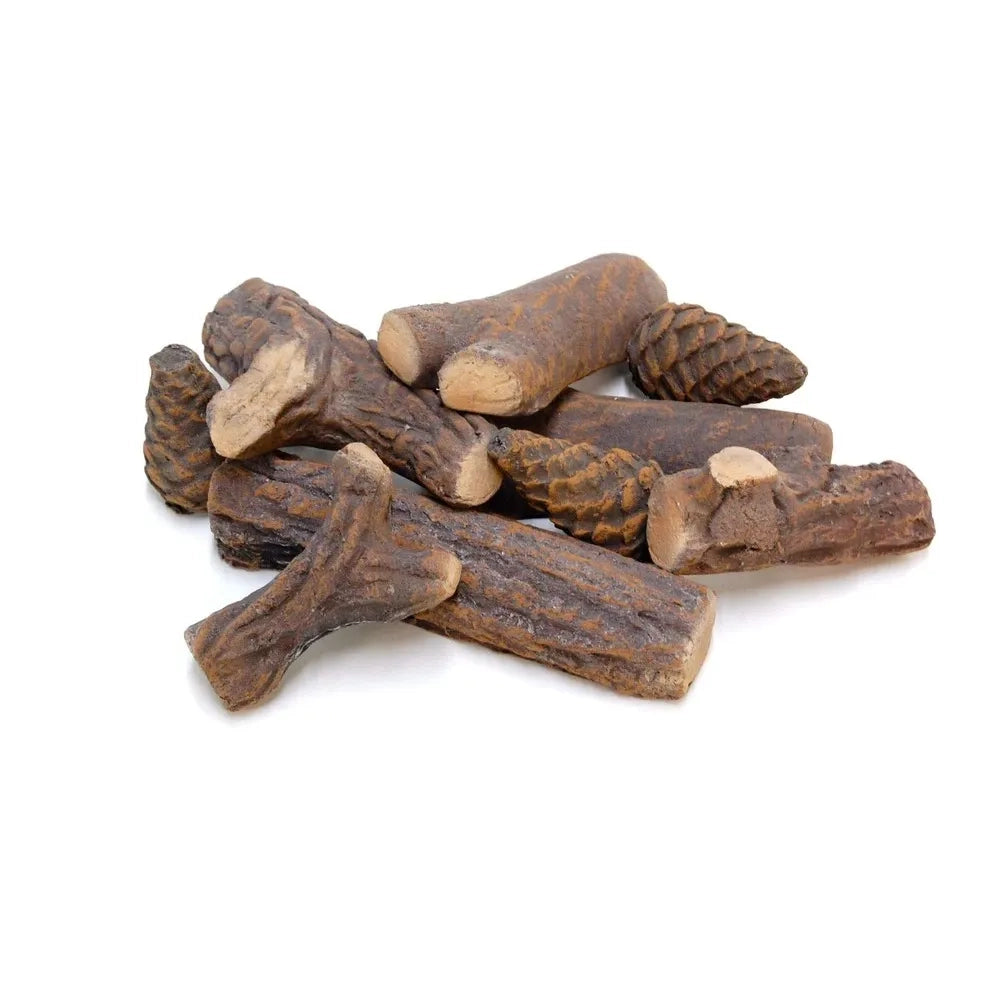 Set di 9 pezzi in ceramica speciale Tempo Style effetto legno per il vostro camino a bioetanolo o a gas.