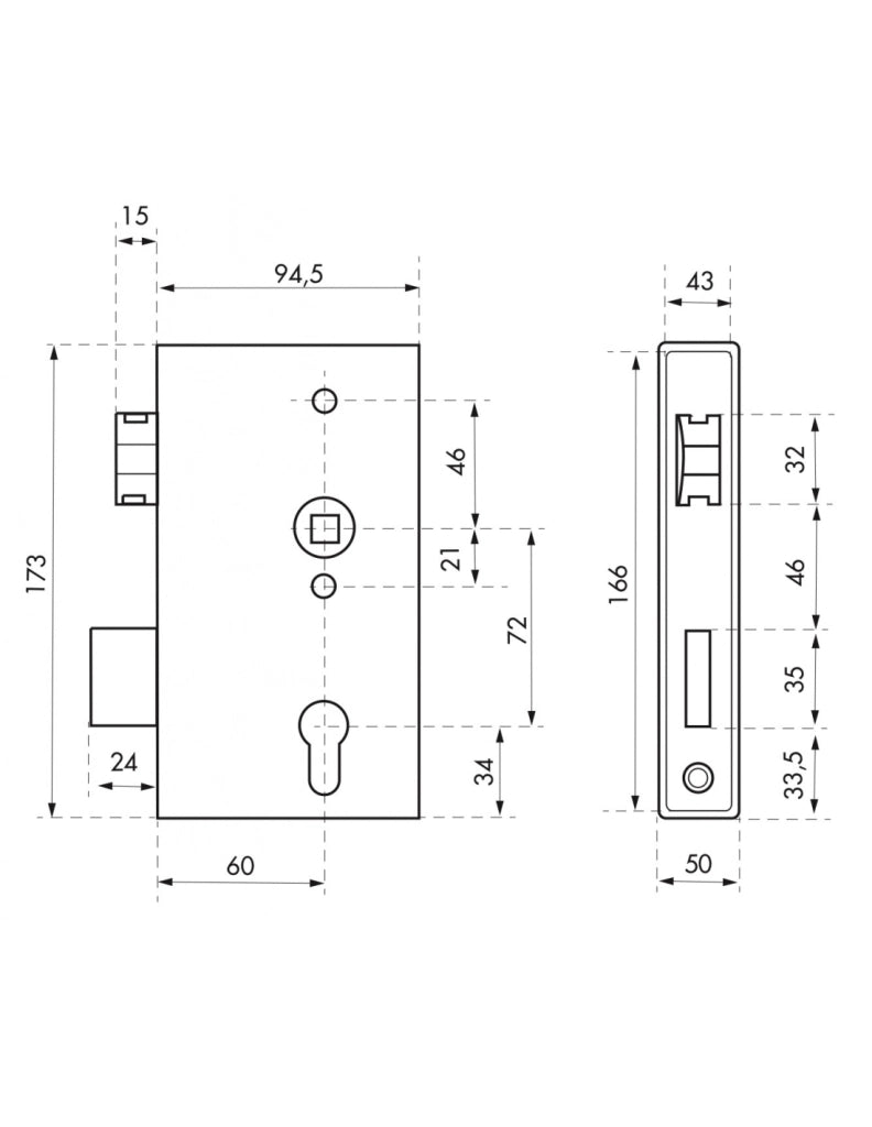 Serratura da saldare a cilindro europeo per cancello, reversibile, asse 60mm, 94,5x173mm, tubo 50mm - THIRARD