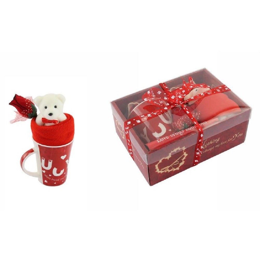Trade Shop - Tazza Orsetto Bianco In Peluche Fiore Confezione Regalo Per San Valentino 63298 -