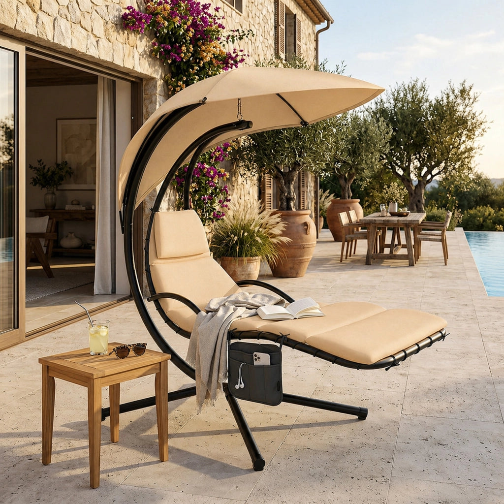 Sdraio A Sospensione Con Ombrellone Beige E Cuscino Ergonomico Amaca Da Giardino In Poliestere Resistente Per Arredamento Esterno Terrazzo Bordo Piscina Formato 195x132x197 Cm