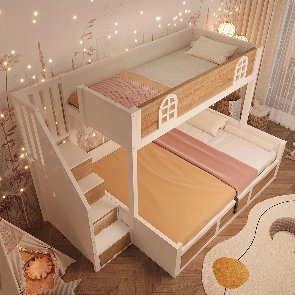 Letto a castello per bambini con spazio di archiviazione - Xylo - 90x200 e 140x200 cm, bianco naturale, sicuro