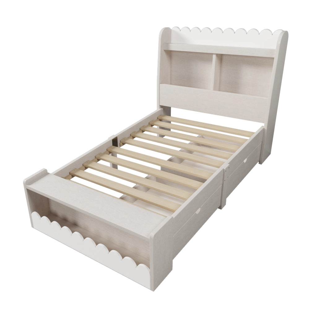 Letto singolo 90x190 cm con cassetti, mensole e contenitore, struttura in legno, bianco e rovere