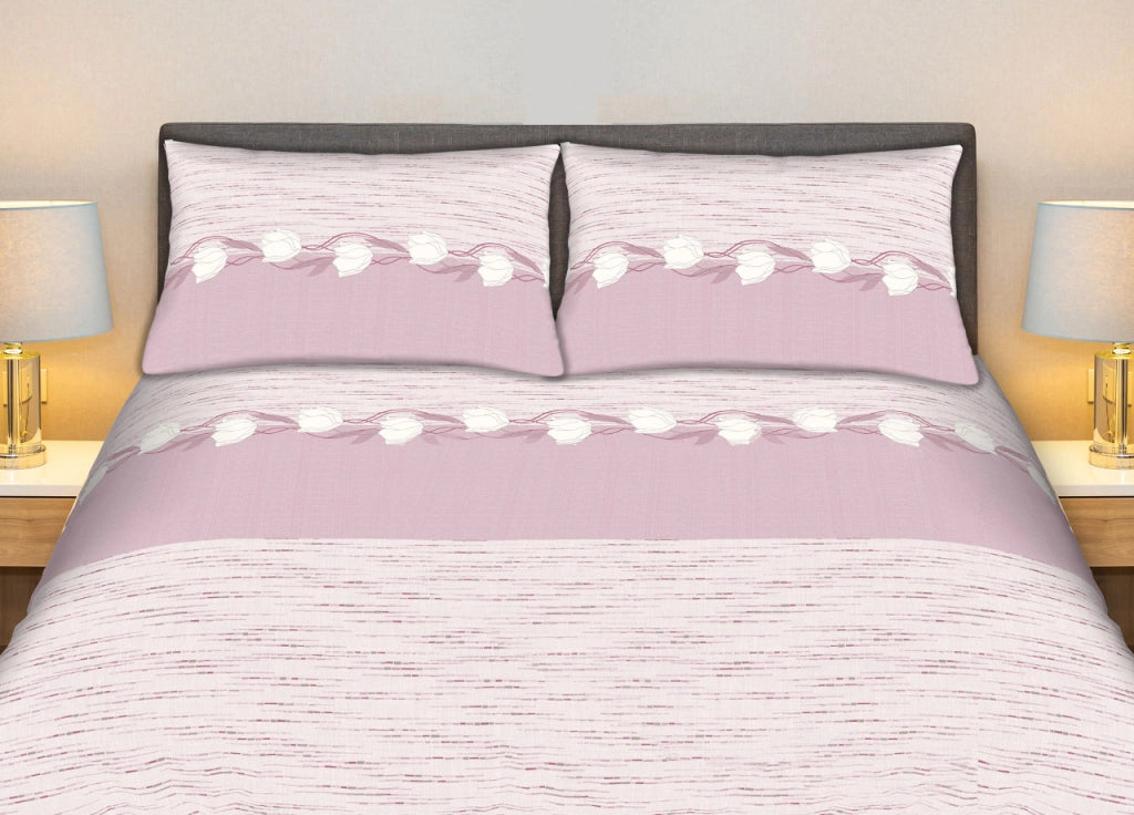 Completo Lenzuola Stiro Facile 100% Cotone Made Italy Effetto Seta Disegno Tulip - Matrimoniale - Lilla