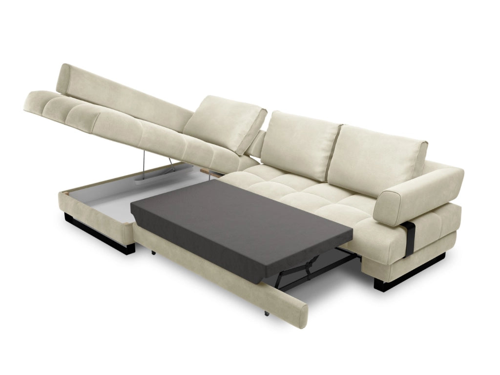 Cosmopolitan Design - Divano convertibile angolare sinistro con contenitore "Clinton" 5 posti in velluto beige chiaro 