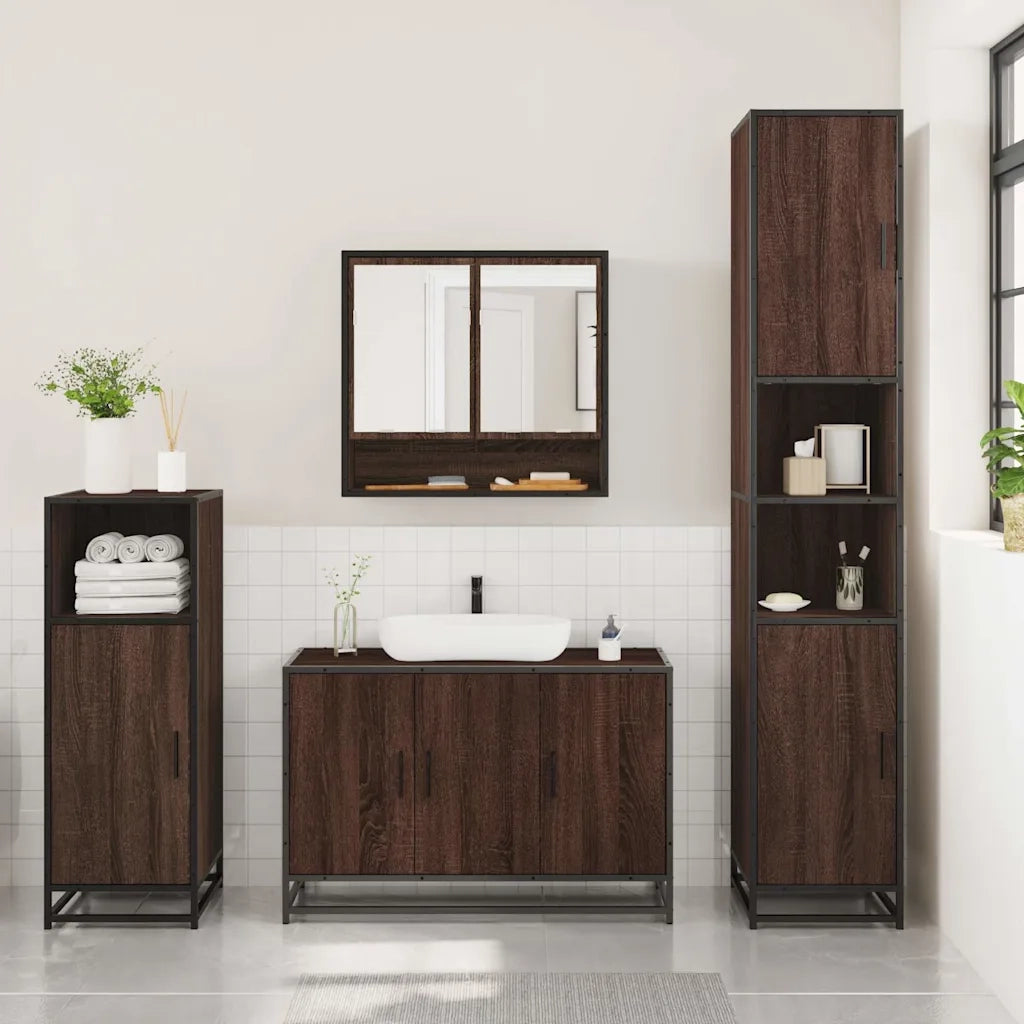 Set Mobili da Bagno 3 pz Rovere Marrone in Legno Multistrato