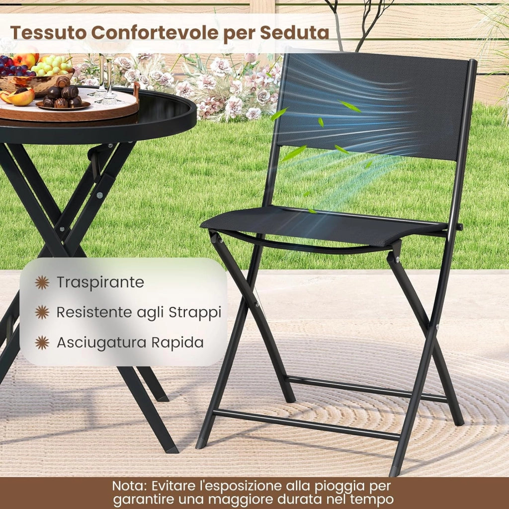 Set Tavolino e Sedie da Giardino Pieghevole, Set Bistro 3 Pezzi, Tavolino con Piano in Vetro Temperato e Metallo, Sedie con Tessuto Textilene Impermeabile, per Balcone, Patio, Piscina