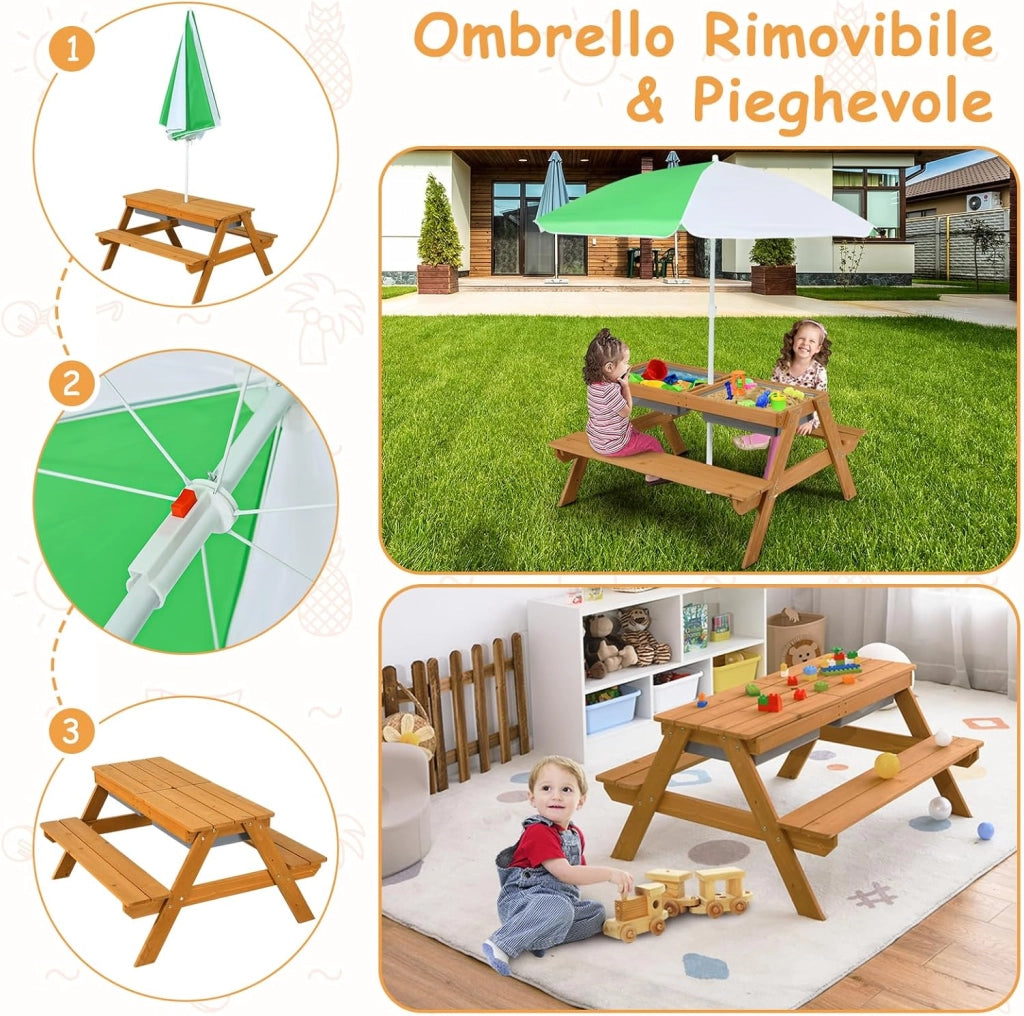 Set Tavolo Picnic Bambini 3 in1 con Ombrellone Rimovibile e Regolabile, Tavolino con Piano Rimovibile, Tavolo con Panche in Legno per Bambini da Interno Esterno (bianco+verde)
