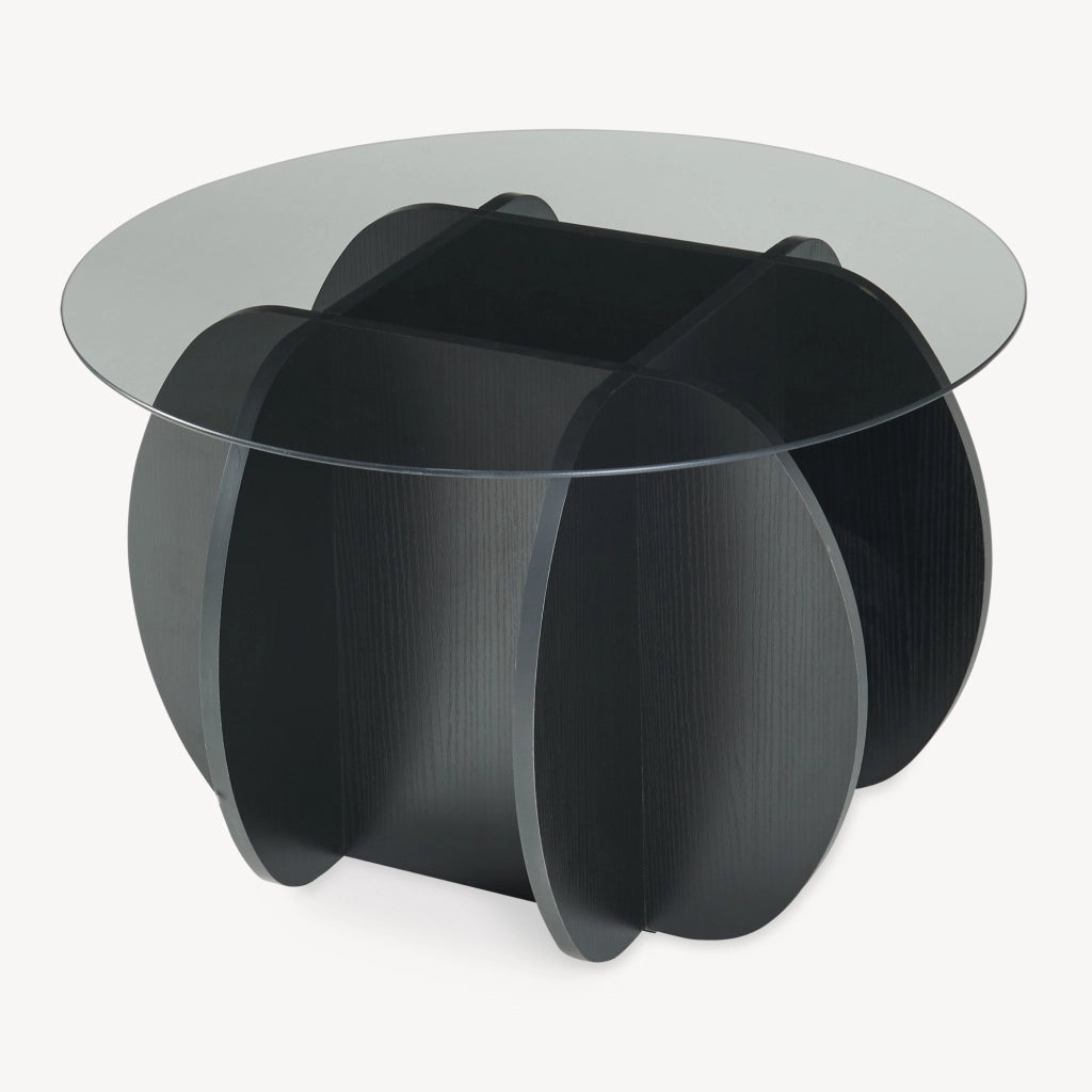 Tavolino da Caffè Karhuvandi con Piano Rotondo in Vetro Fumé Ø70 x 40 cm Grigio/Effetto Legno Nero [en.casa]
