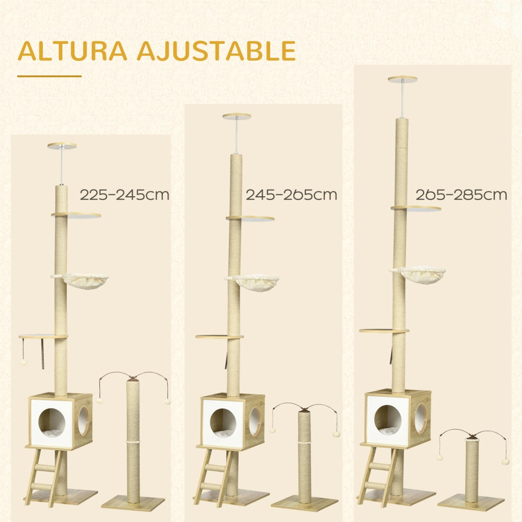 Albero tiragraffi per gatti altezza regolabile con gioco ¨C zephmum ¨C beige 40x40x225-285 cm