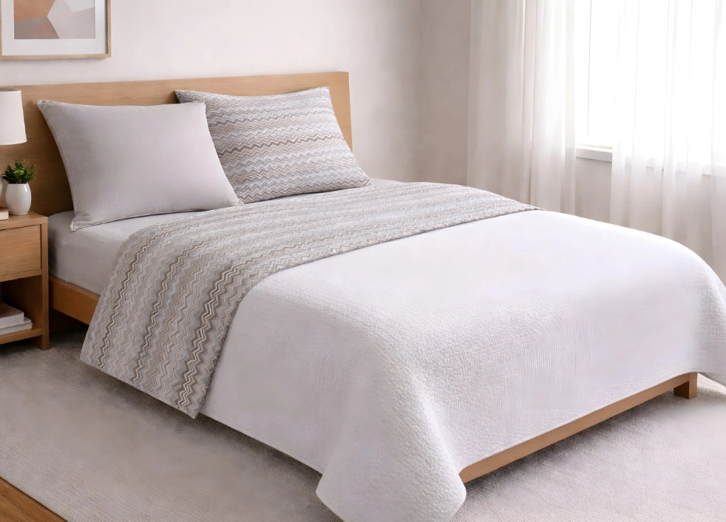 Completo Lenzuola Letto In 100% Cotone Rigato Zig Zag Disegno Baia - Francese - Beige