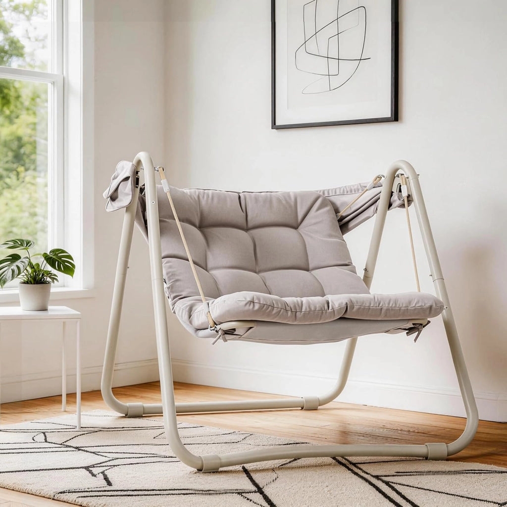 Dondolo da Giardino Poltrona Relax con Parasole Regolabile Amaca da Giardino Sedia a Dondolo per Esterni e Interni Poltrona Sospesa Beige 108x126x163 cm OGS62-MI