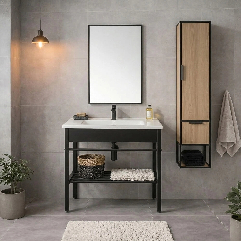 Mobile bagno a terra in metallo 60 cm nero opaco con specchio e pensile linea Borg