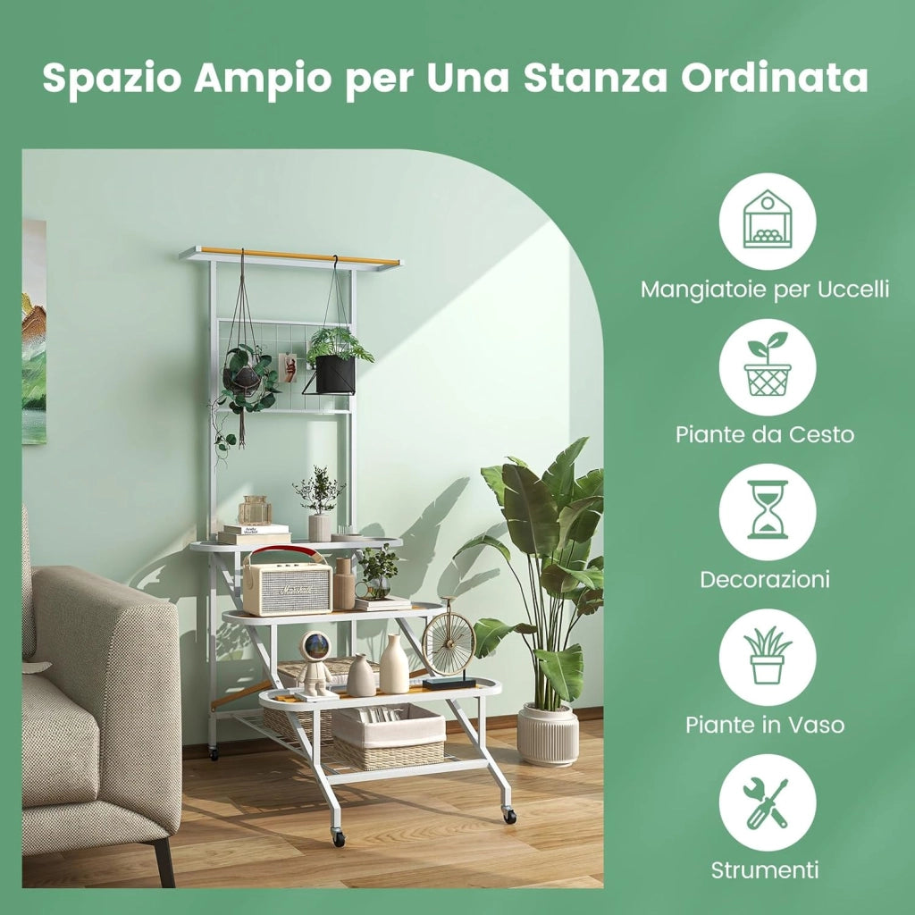 Scaffale per Piante da Interno ed Esterno, Porta Piante a 4 Livelli con Ruote, Barra e Traliccio, Portafiori da Soggiorno, Balcone, Giardino e Terrazzo, 80 x 85 x 175 cm