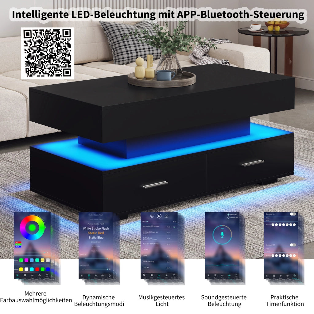 Tavolino da caffè regolabile con LED, 2 cassetti, nero
