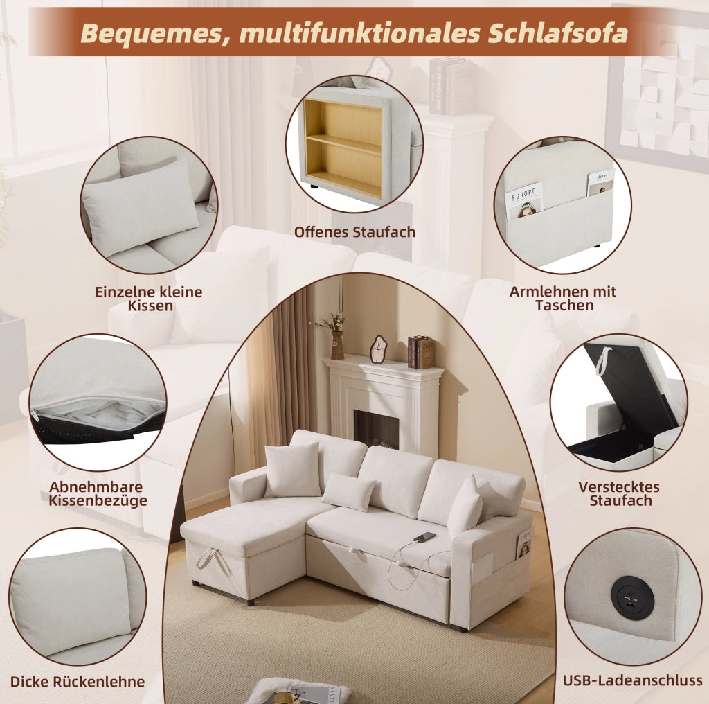 Divano letto angolare 3 posti con chaise longue reversibile; USB e contenitore; beige