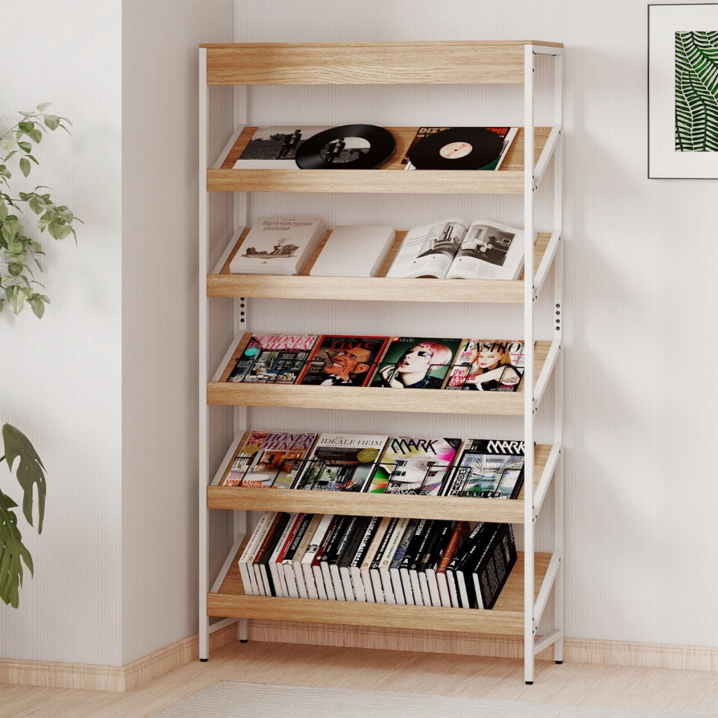 Libreria a 6 ripiani scaffale inclinato con struttura metallica robusta, Libreria porta giornali industriale Legno naturale-Librerie