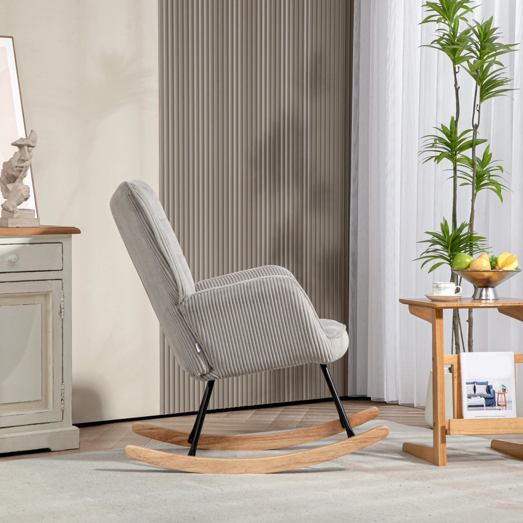 Poltrona a Dondolo Vintage ¨C Zephmum ¨C Tessuto Grigio Chiaro, Legno di Faggio e Acciaio