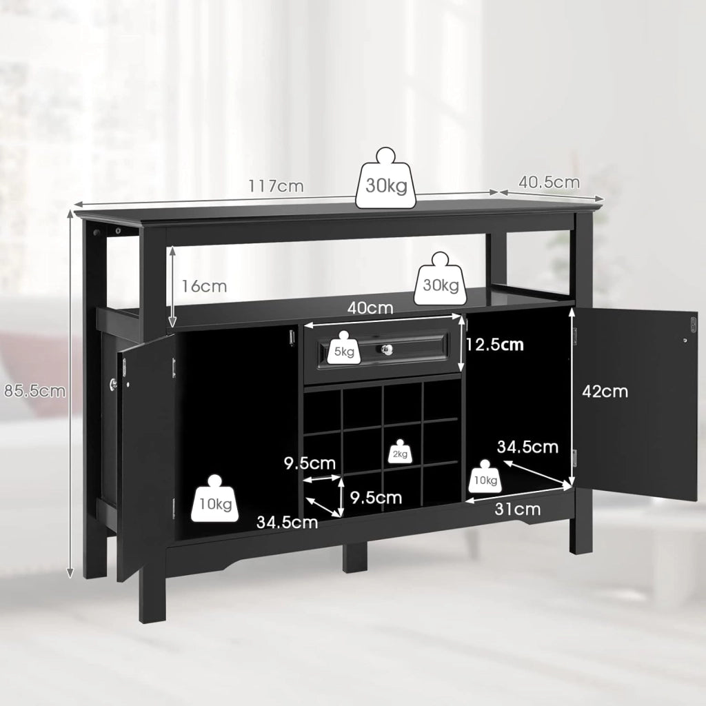 Tavolo Portabottiglie, 2 Ripiani, 12 Bottiglie, Cantinetta con 1 Cassetto e 2 Ante, Portabottiglie per Conservare ed Esporre il Vino, 116x40x82cm, 3 Colori (nero)