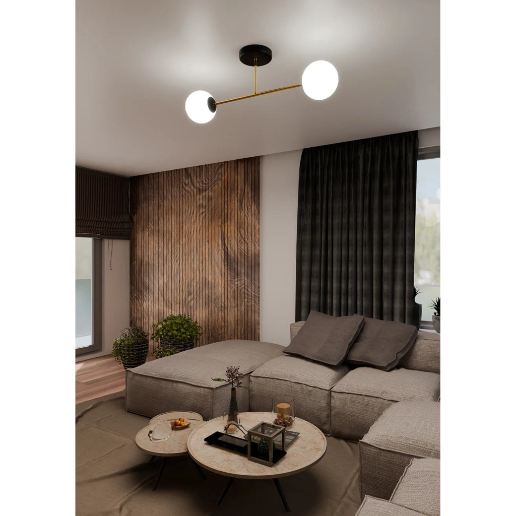 Plafoniera Moderna Magnium 2 Luci In Acciao Nero Oro E Sfere In Vetro Bianco