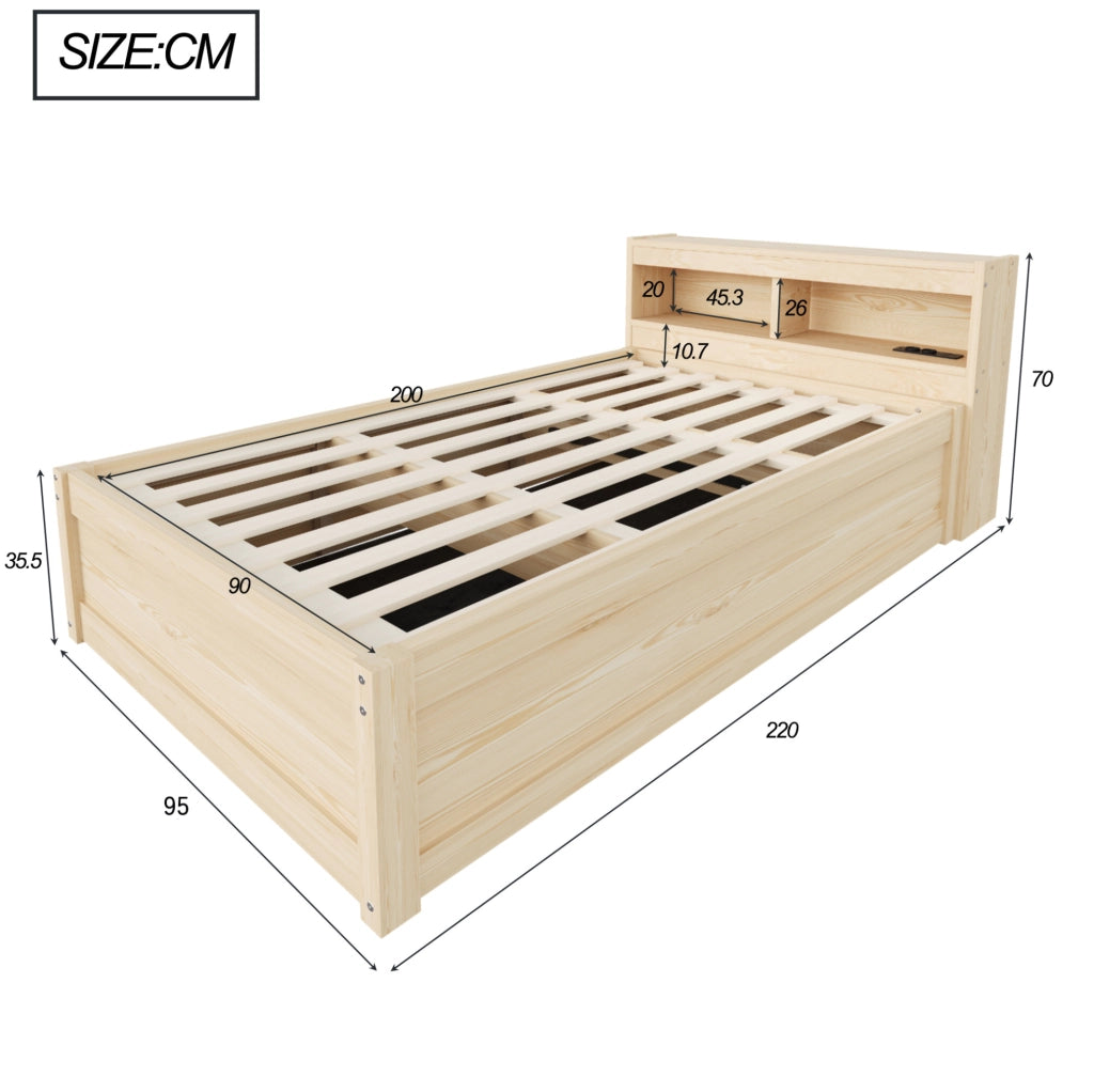 Letto 90x200 cm con contenitore idraulico; presa integrata e LED