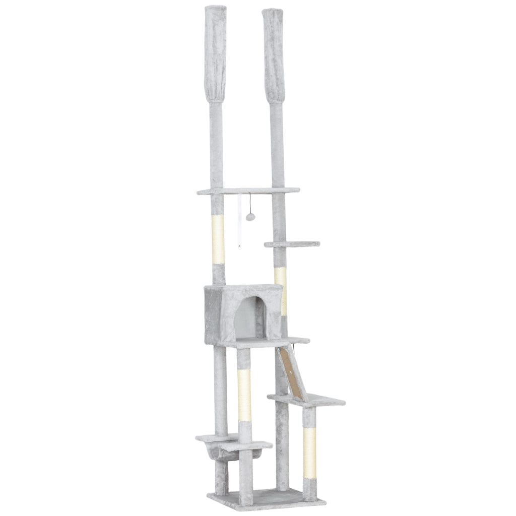 Tiragraffi per gatti a torre ¨C zephmum ¨C grigio chiaro 225-255 cm 6 livelli con nicchia e amaca